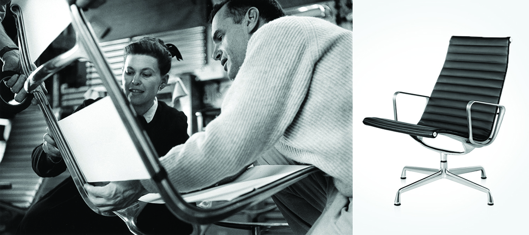 Charles and Ray Eames examining sling locations on an Aluminum Group Lounge Chair, 1958. Photographer Marvin Rand.