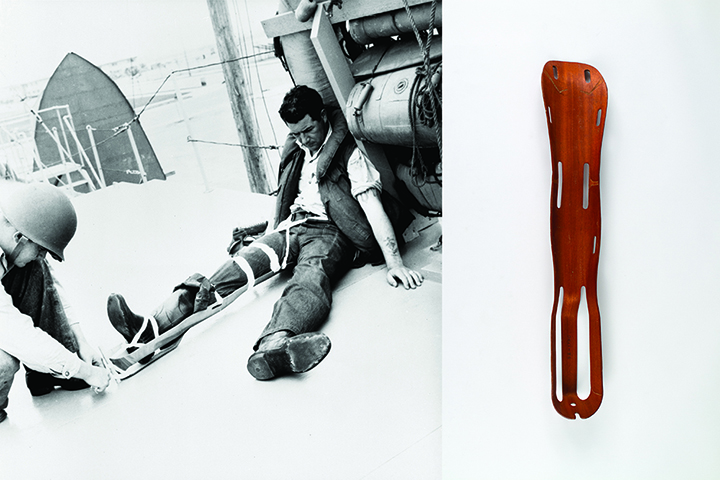 Demonstration of Molded Plywood Splint in use, 1943. © Eames Office LLC (eamesoffice.com). Leg Splint, Mahogany, 1943.