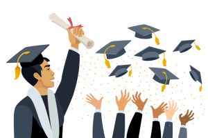 Young Asian Man at graduation. Students throw graduation caps in the air.