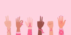 breast cancer awareness month for disease prevention campaign and diverse ethnic women group together with pink support ribbon symbol on chest concept, vector illustration