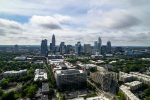 Aerial view of residential area and city skyline