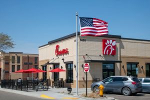 People enjoying the outdoor patio at Chick-fil-A