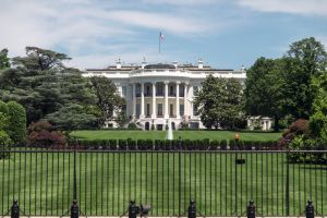 The White House in springtime with lush greenery and a clear blue sky in Washington DC