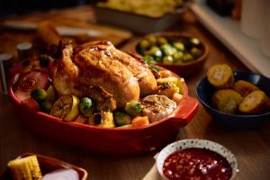 Roast turkey ready for Thanksgiving meal at home.