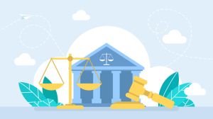 Law and justice icon set. Scales of justice, courthouse and judge's gavel. Supreme court, legal system, justice concept with courthouse, scales, and gavel. Vector illustration.