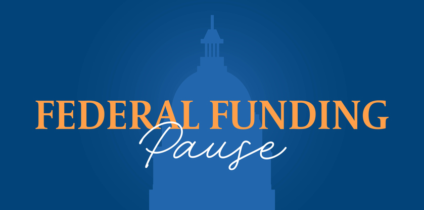 Federal funding pause. Loan assistance freeze. Blue background with federal building and text.