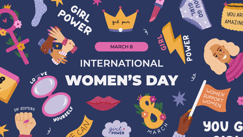 Horizontal dark and colourful banner for International Women s Day with women empowerment clipart and hand drawn typography. Greeting poster, website banner, social media post in trendy colors.
