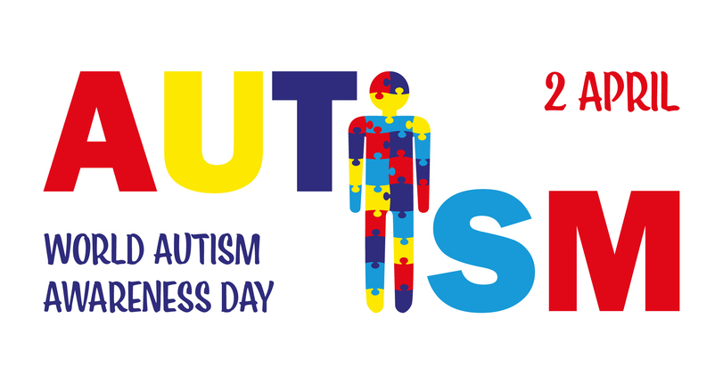 Autism awareness month flat banner concept. Its okay to be different. Set of multicolored human shaped puzzle pieces. ASD syndrome tolerance