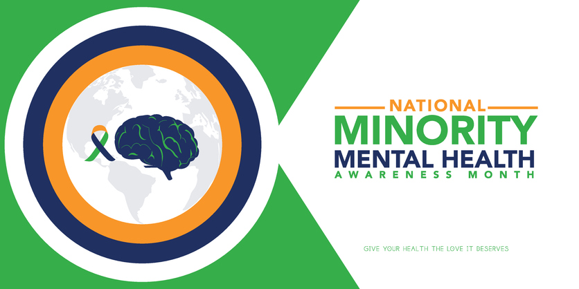 Minority Mental Health Awareness Month. Vector web banner for social media, poster, card, flyer. Text Minority Mental Health Awareness Month, July. Human head, a plant with leaves on white background.
